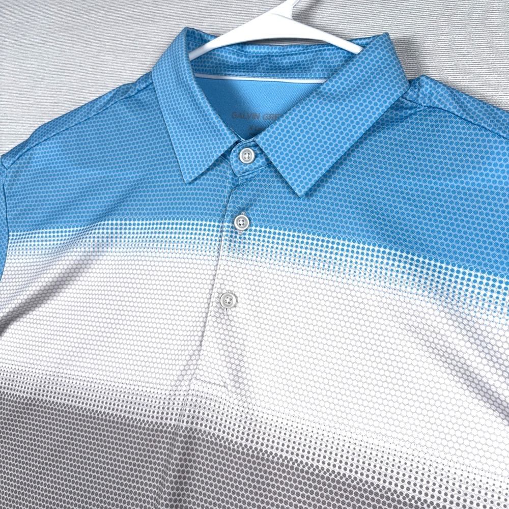Galvin Green Polo Shirt Mens Size XL Blue Gray White Poly Stretch Short Sleeve
